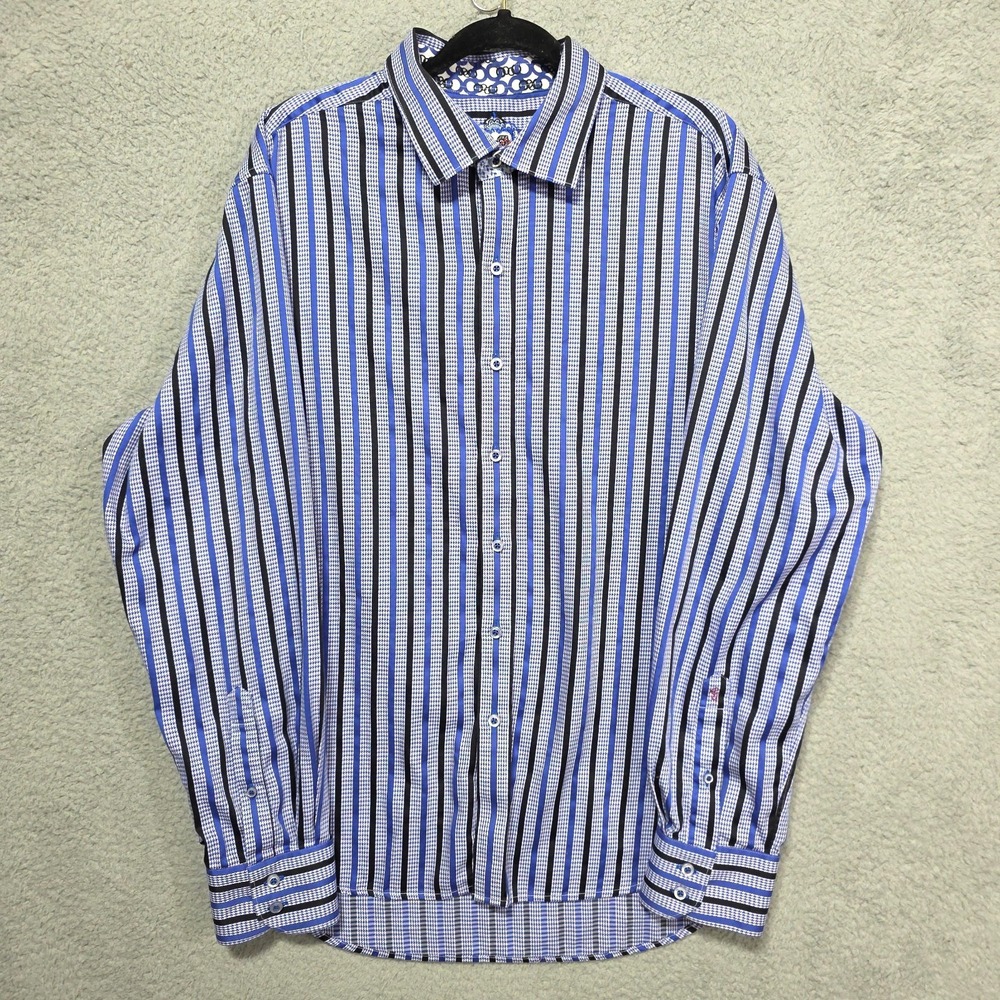 Robert Graham Blue Black Striped Long Sleeve Mens Dress Shirt Size 2XL